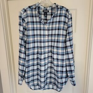 Lands' End Blue and Black Plaid Blouse